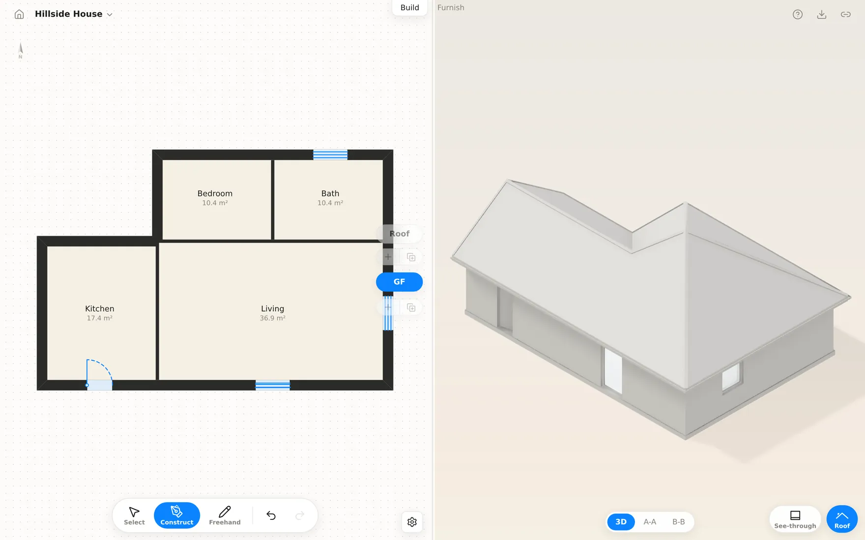 Fastplan-Editor: Grundriss links, Weißmodell rechts
